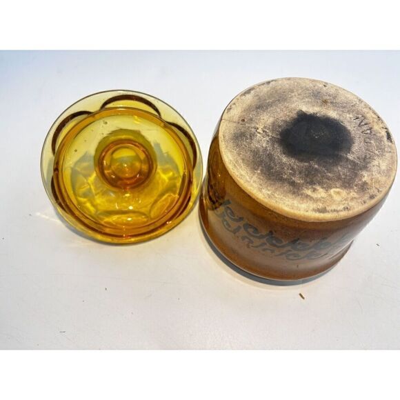 Vintage MCM Japanese Stoneware Small Yellow Crock with Brown Lid Sugar Bowl Butt - Picture 7 of 15